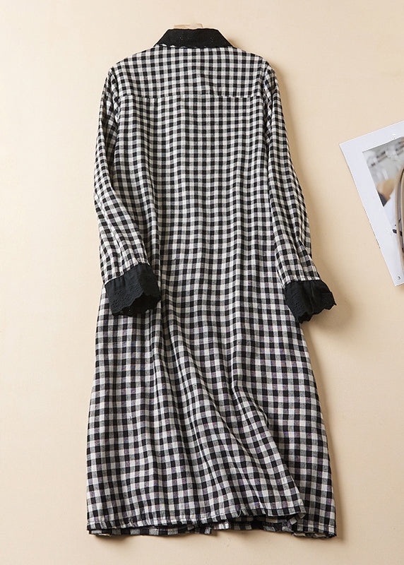 French Plaid Peter Pan Collar Button Linen Shirts Dress Long Sleeve