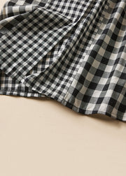French Plaid Peter Pan Collar Button Linen Shirts Dress Long Sleeve