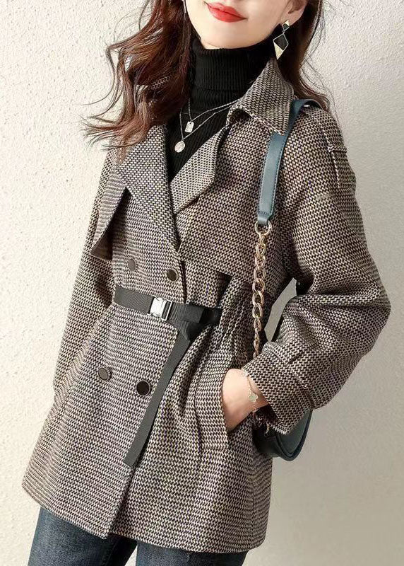 French Plaid Peter Pan Collar Pockets Patchwork Woolen Coats Fall