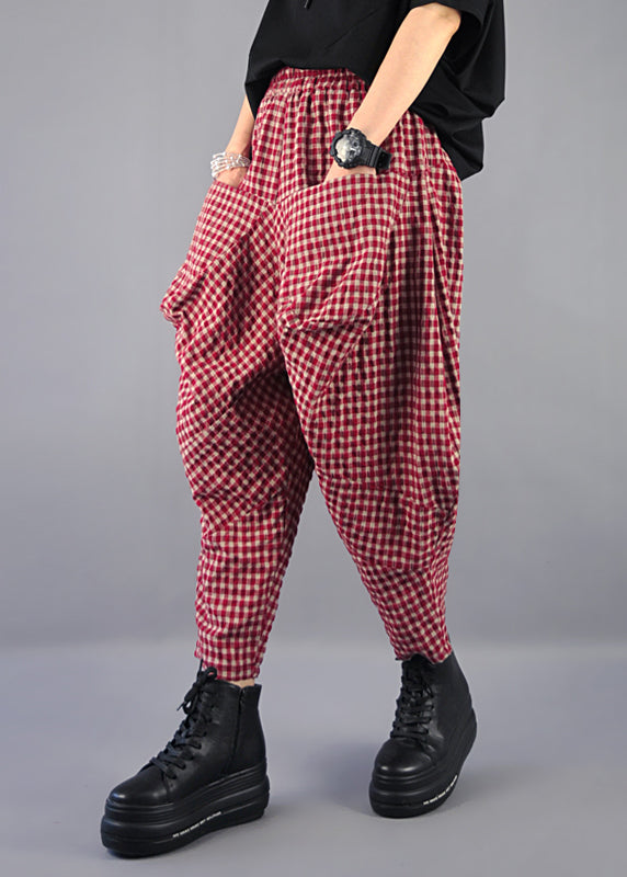 French Plaid Pockets High Waist Cotton Harem Pants Spring