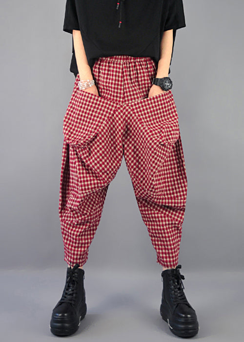 French Plaid Pockets High Waist Cotton Harem Pants Spring