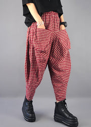 French Plaid Pockets High Waist Cotton Harem Pants Spring