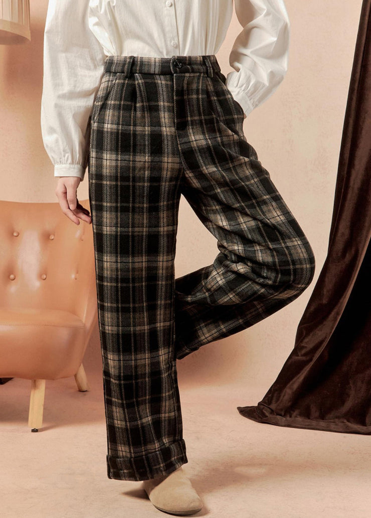 French Plaid Pockets High Waist Cotton Pants Spring