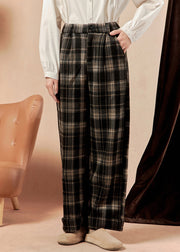 French Plaid Pockets High Waist Cotton Pants Spring