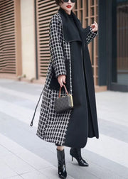 French Plaid Pockets Tie Waist Patchwork Woolen Coats Winter