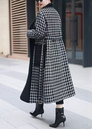 French Plaid Pockets Tie Waist Patchwork Woolen Coats Winter