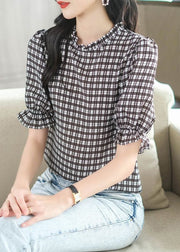 French Plaid Ruffled Patchwork Chiffon Shirt Tops Summer