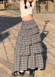 French Plaid Ruffled Patchwork High Waist Cotton Skirts Summer