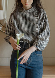 French Plaid Stand Collar Ruffled Cotton Shirt Long Sleeve