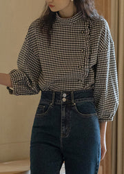 French Plaid Stand Collar Ruffled Cotton Shirt Long Sleeve