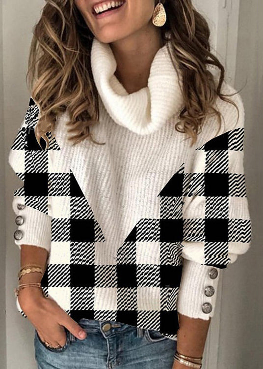 French Plaid Turtleneck Patchwork Knit Sweaters Spring