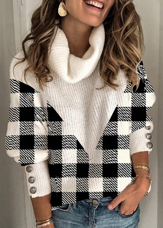 French Plaid Turtleneck Patchwork Knit Sweaters Spring