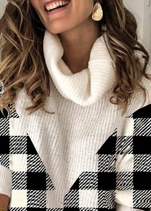 French Plaid Turtleneck Patchwork Knit Sweaters Spring