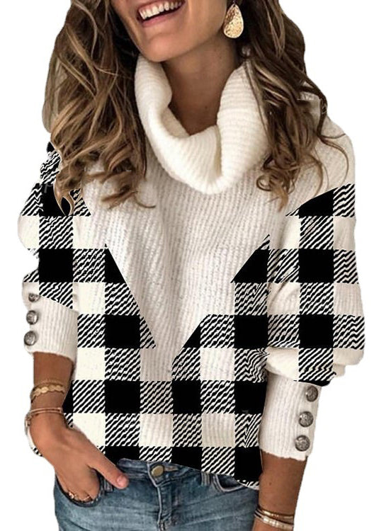 French Plaid Turtleneck Patchwork Knit Sweaters Spring