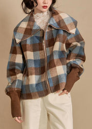 French Plaid Zip Up Patchwork Woolen Coats Winter