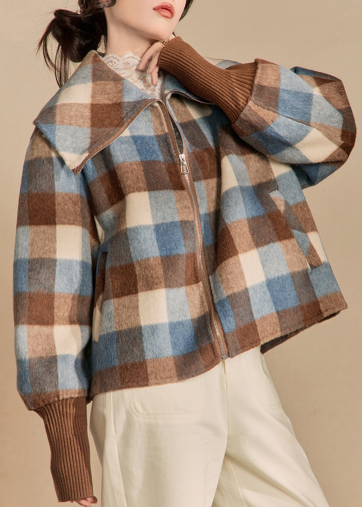 French Plaid Zip Up Patchwork Woolen Coats Winter