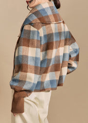 French Plaid Zip Up Patchwork Woolen Coats Winter