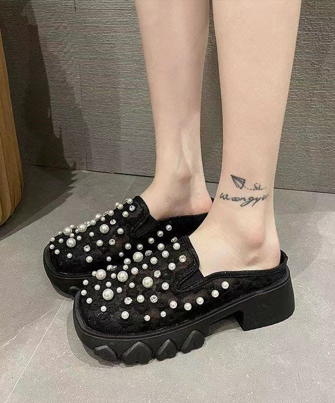 French Platform Slide Sandals Nail Bead Black Breathable Mesh