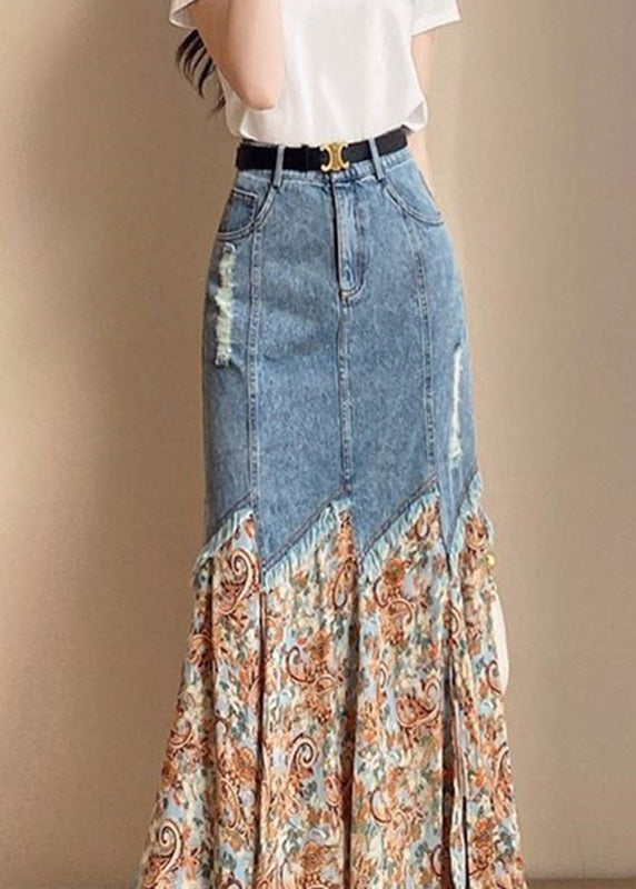 French Print Patchwork Button Denim Maxi Skirts Summer