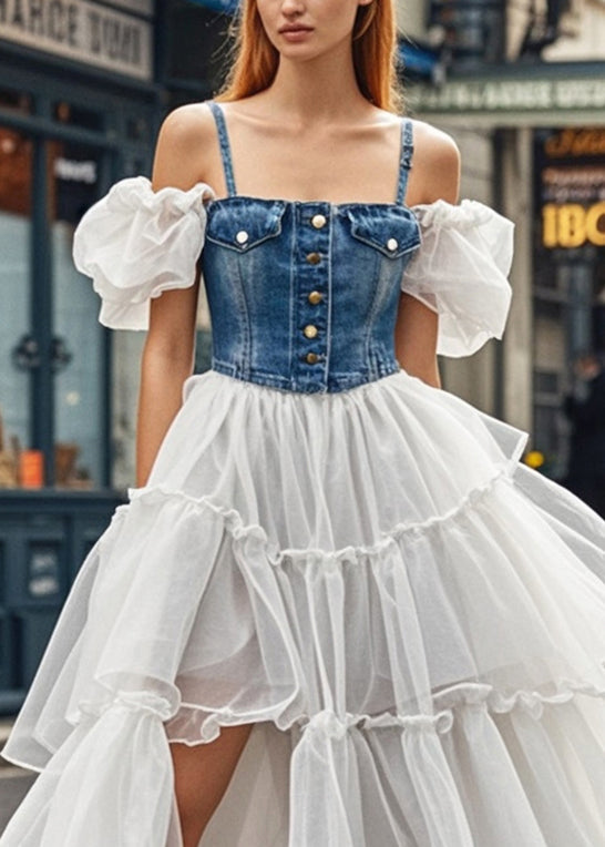 French Puff Sleeve Patchwork Denim Tulle Spaghetti Strap Dress Summer