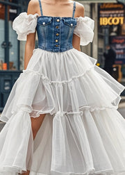 French Puff Sleeve Patchwork Denim Tulle Spaghetti Strap Dress Summer