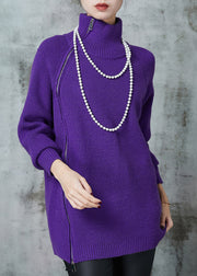 French Purple Asymmetrical Side Open Knit Sweater Spring