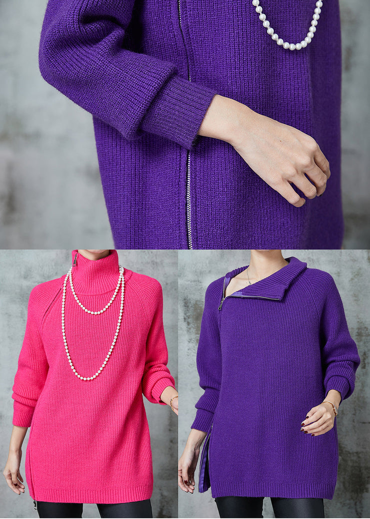 French Purple Asymmetrical Side Open Knit Sweater Spring