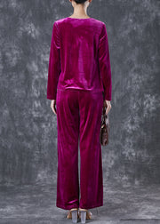 French Purple Asymmetrical Wrinkled Silk Velour Women Sets 2 Pieces Fall