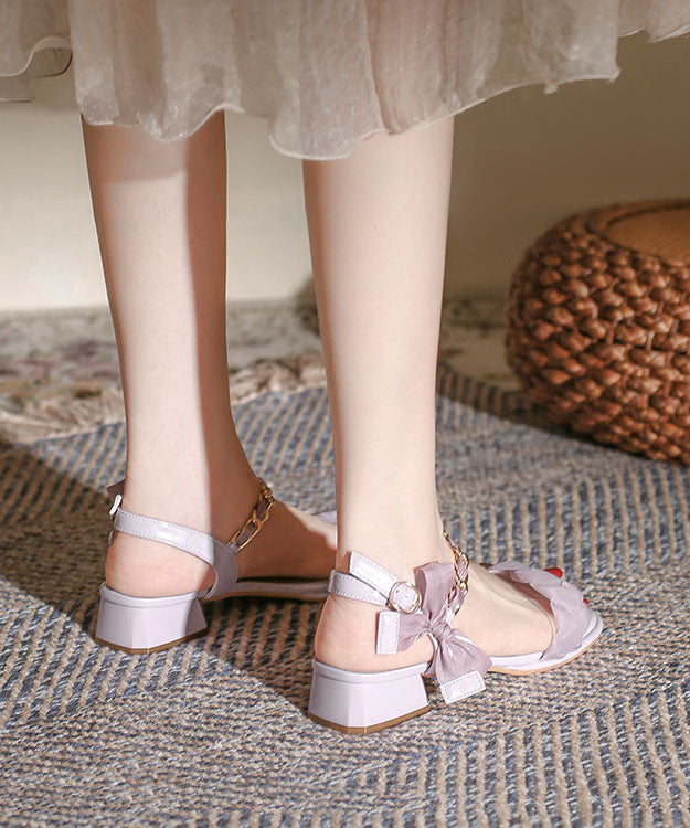 French Purple Bow Buckle Strap Splicing Chunky Sandals
