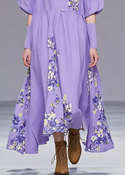 French Purple Button Print Cotton Long Dresses Summer