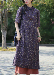 French Purple Button Print Patchwork Cotton Dress Summer