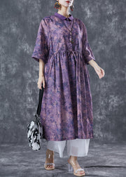 French Purple Cinched Tie Dye Linen Dress Summer