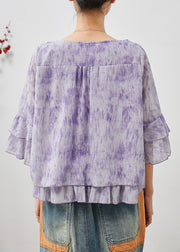 French Purple Embroidered Tie Dye Chiffon Shirts Flare Sleeve