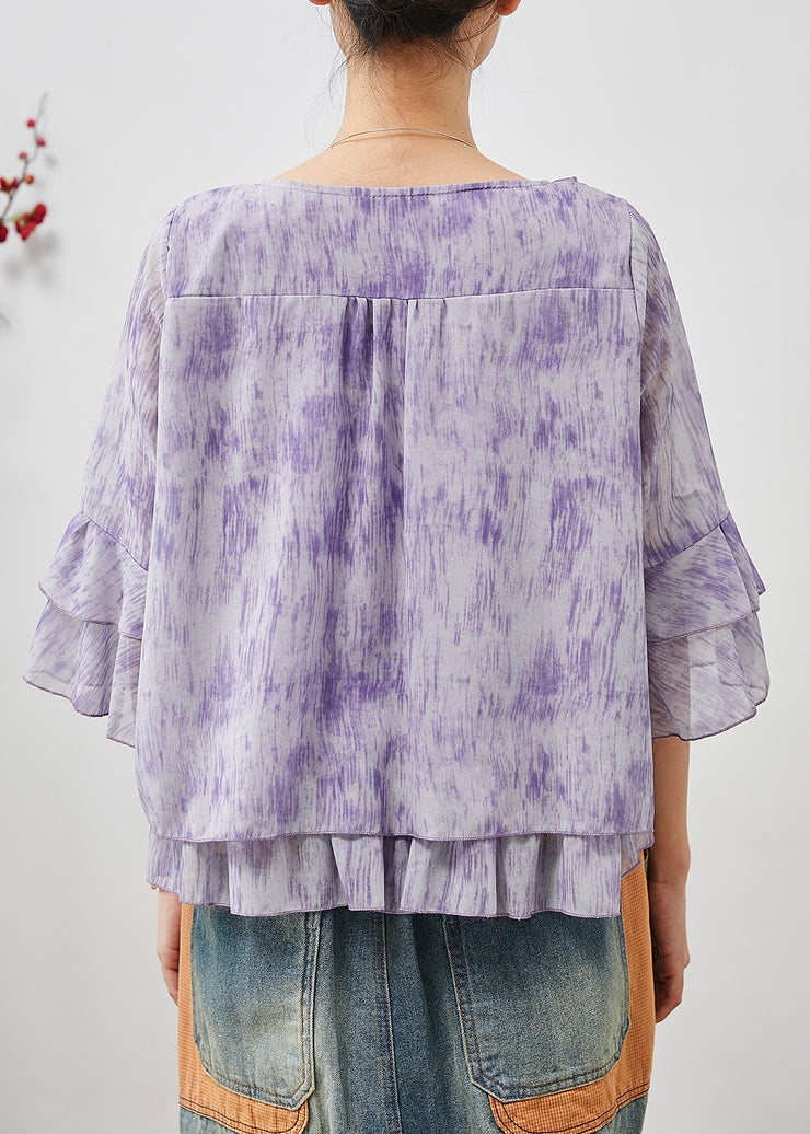 French Purple Embroidered Tie Dye Chiffon Shirts Flare Sleeve