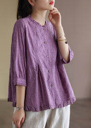 French Purple Embroideried Lace Patchwork Wrinkled Cotton Shirt Tops Bracelet Sleeve