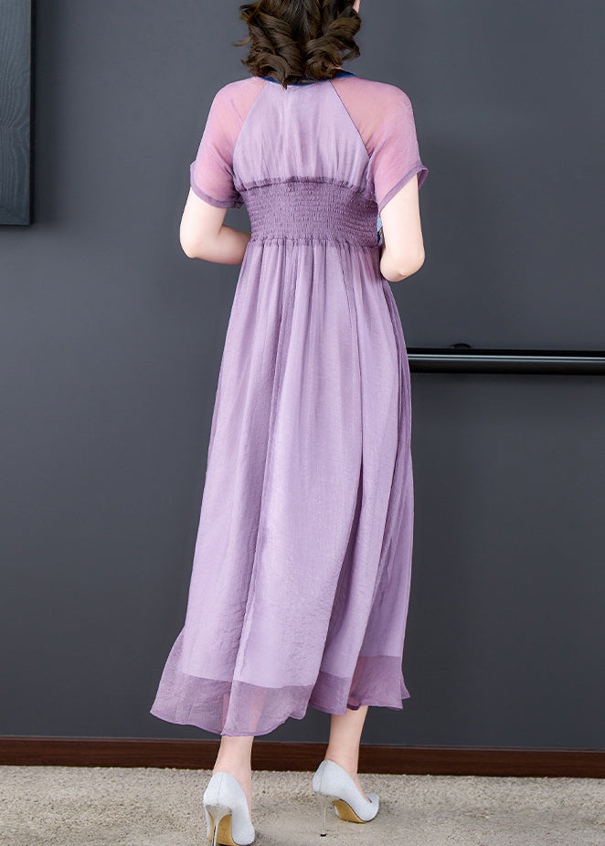 French Purple Embroideried Lace Up Wrinkled Patchwork Chiffon Dress Summer