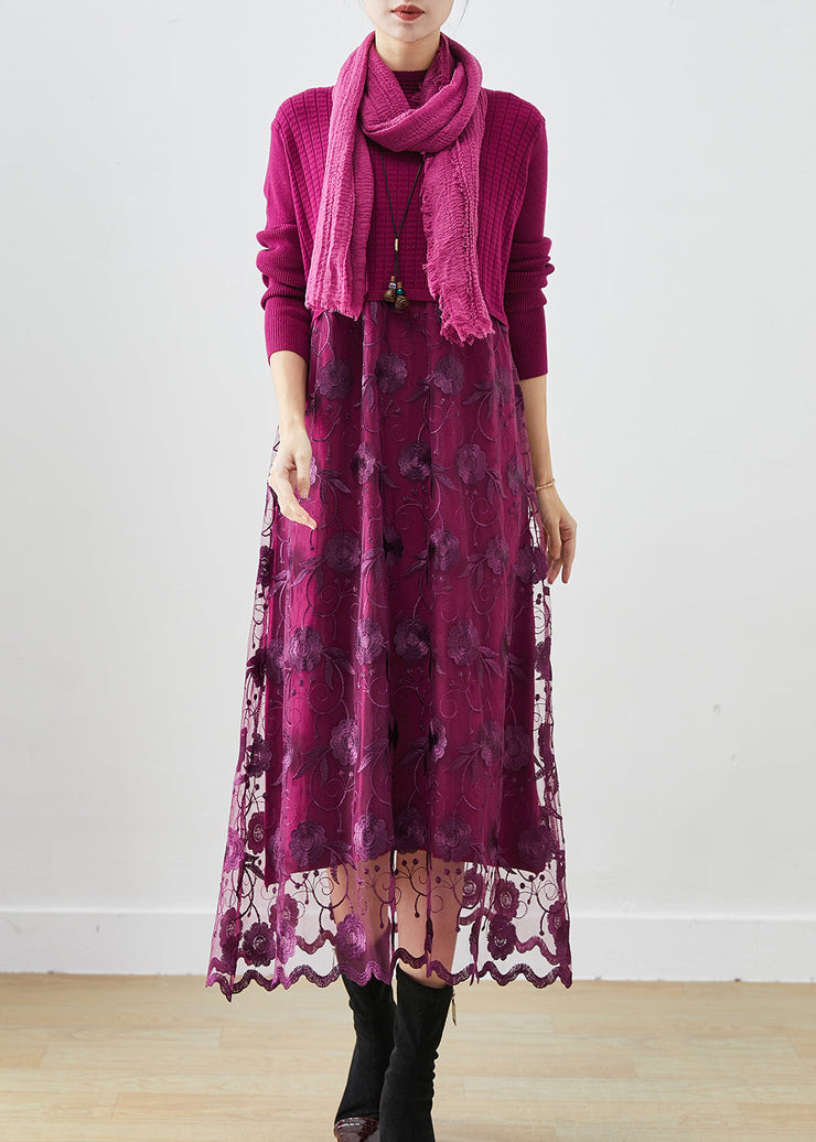 French Purple Embroidered Patchwork Knit Vacation Dresses Fall