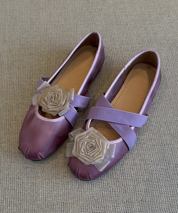 French Purple Flats Cowhide Leather Fine Splicing Floral