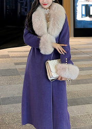 French Purple Fur Collar Tie Waist Thick Cashmere Coat Long Sleeve