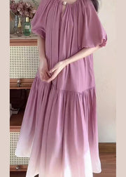 French Purple Gradient Wrinkled Patchwork Cotton Dress Puff Sleeve