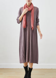 French Purple Grey Jacquard Knit Maxi Pleated Dresses Fall