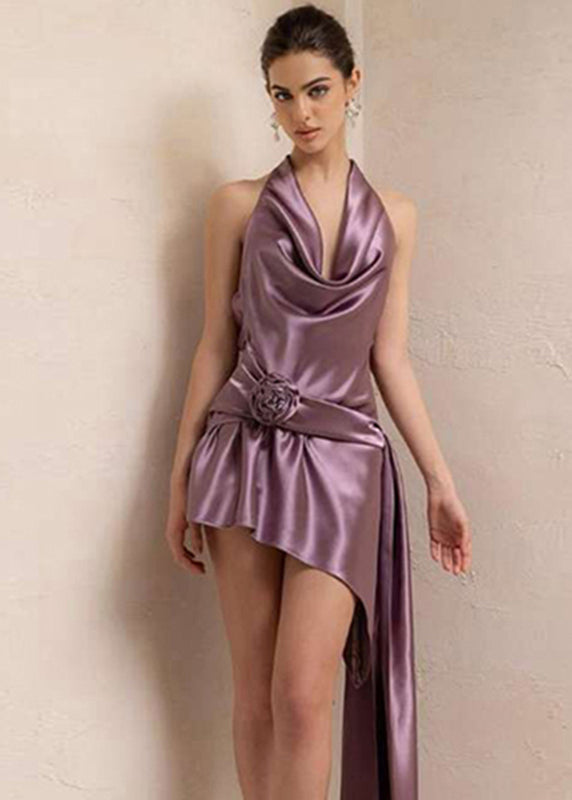 French Purple Halter Rose Long Dress Sleeveless