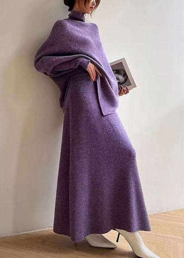 French Purple Hign Neck Asymmetrical Cozy Knit Two Pieces Set Spring