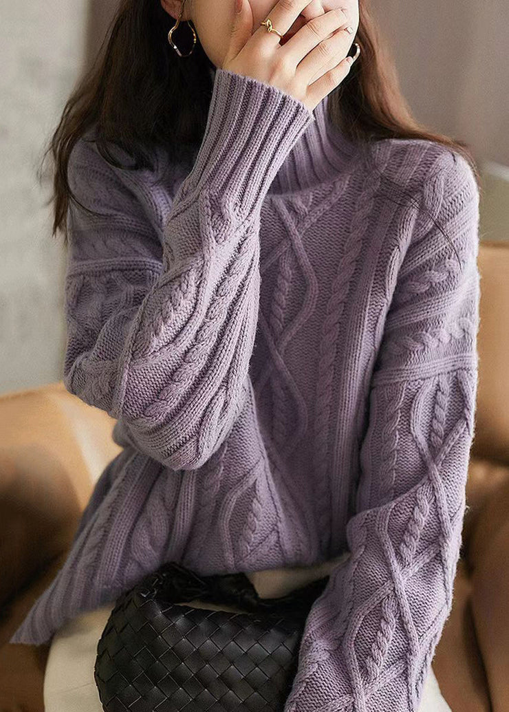 French Purple Hign Neck Patchwork Woolen Cable Knit Sweaters Winter