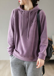 French Purple Hooded Embroidered Fleece Wool Lined Pullover Sweatshirt Spring