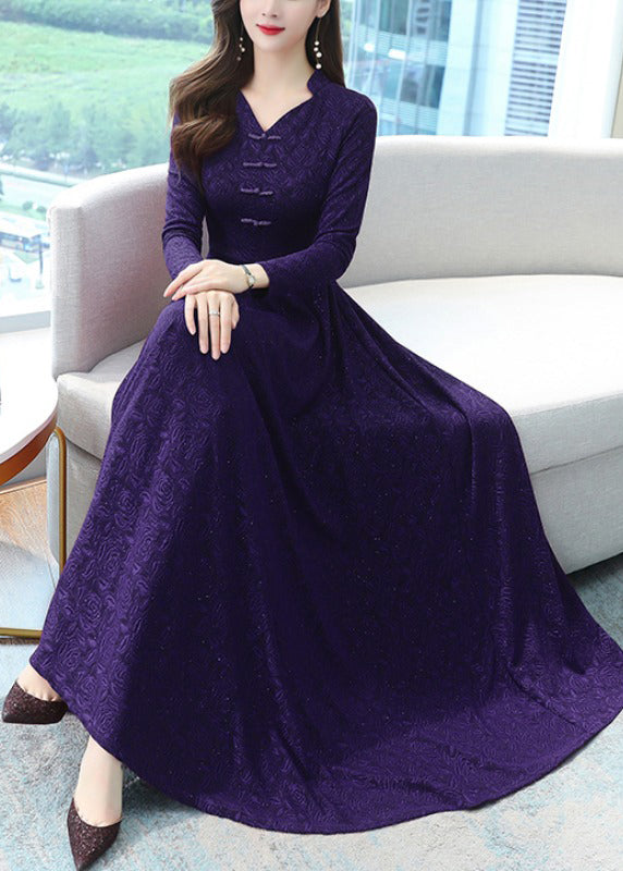 French Purple Jacquard Exra Large Hem Cotton Maxi Dresses Fall