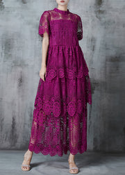 French Purple Lace Party Dress Stand Collar Summer