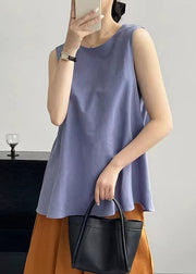 French Purple O Neck Bow Cotton Top Sleeveless