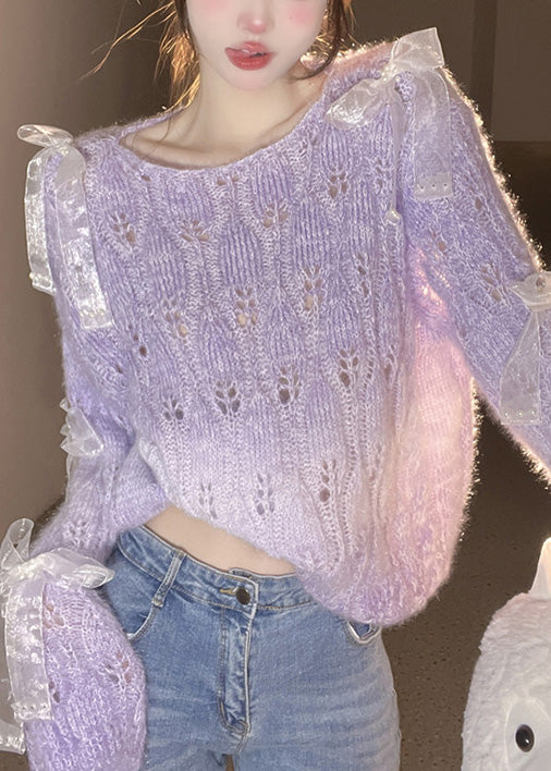 French Purple O Neck Bow Ma Hai Mao Knitted Sweaters Fall