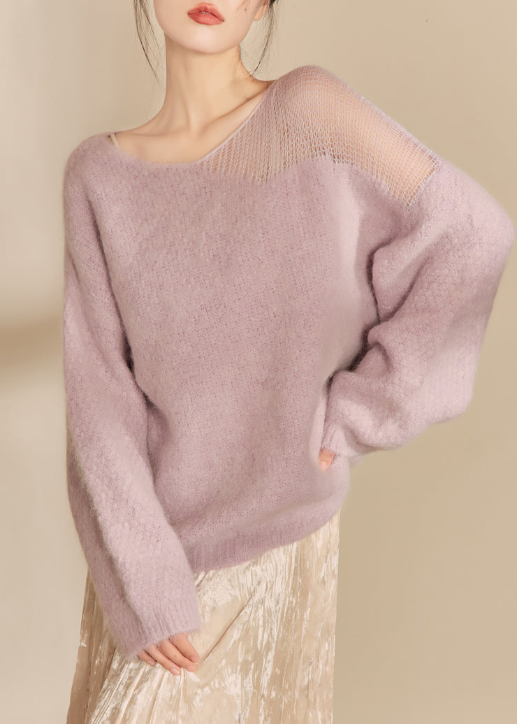 French Purple O Neck Hollow Out Woolen Sweater Tops Spring